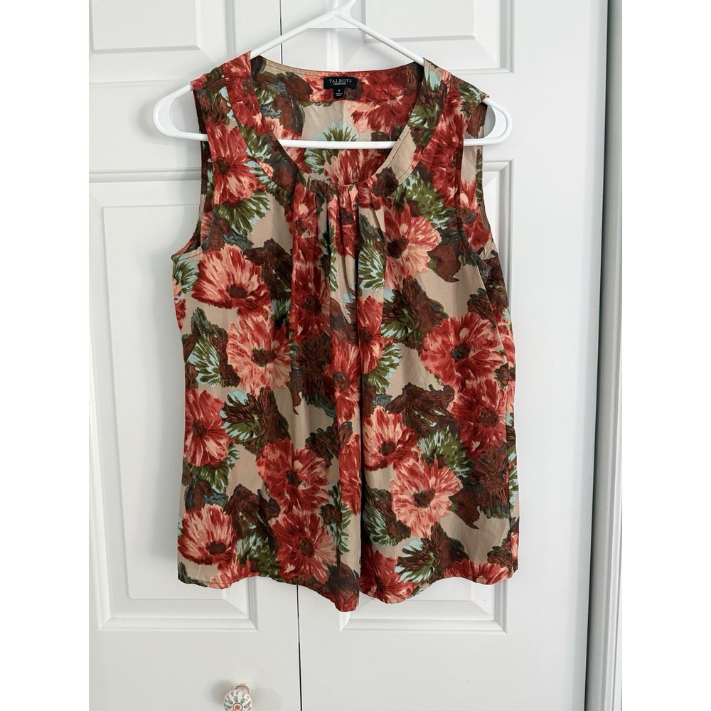 Talbots 100% Silk Floral Sleeveless Blouse Orange Tan Size 8 Pleated Tank
